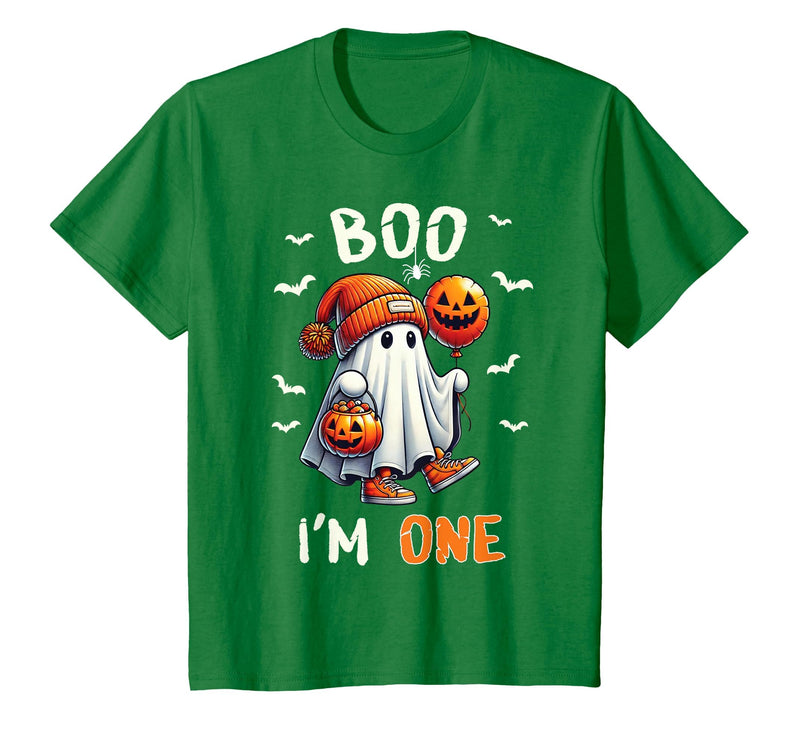 Halloween Boo I'm First 1st Birthday Boy Boo I'm One Ghost 1st Birthday Halloween Boy Kids Groovy T-Shirt - Kelly Green