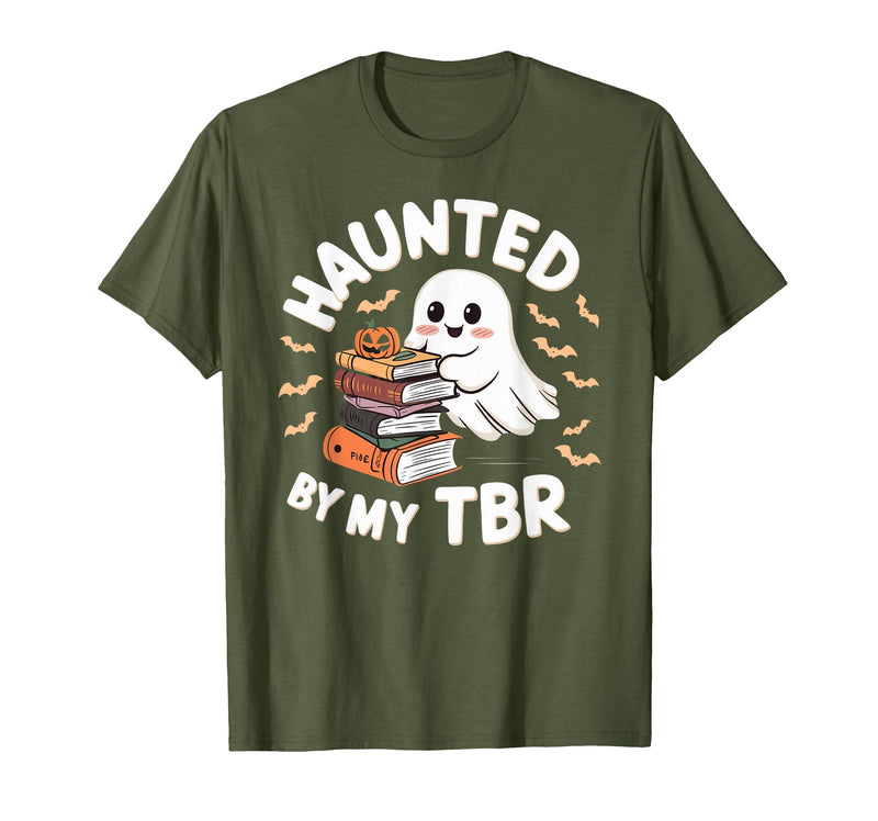 Halloween Student Books Lovers Haunted By My TBR Haunted By My TBR Cute Ghost Book Reading Teacher Halloween T-Shirt - Olive
