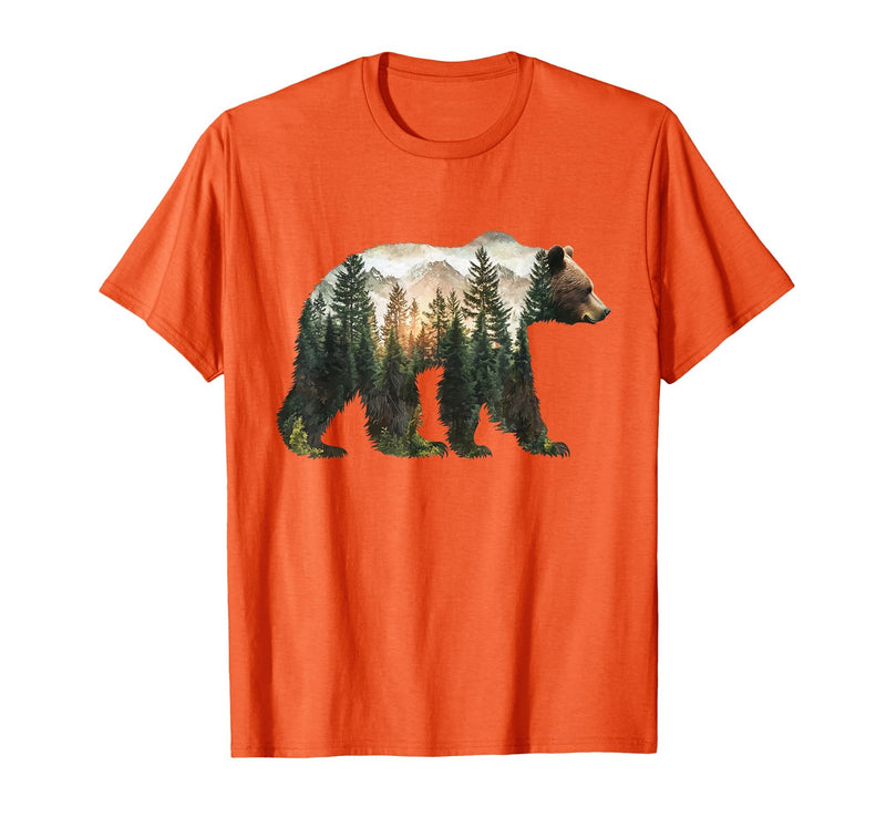 Bear Designs. Bear Forest Mountains Trees Nature Sunset Outdoor Graphic T-Shirt - Orange
