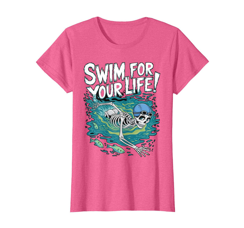 Swim Lover Halloween Custom Tee For Swimmers Kids Halloween Skeleton Swimming Swim for Your Life Swimmers Dad T-Shirt - Pink