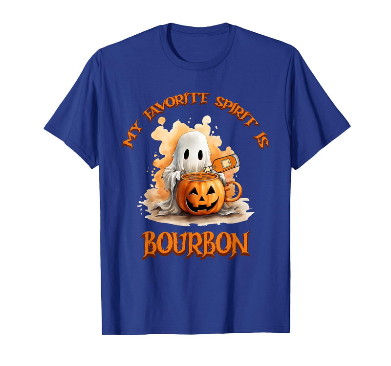 Boo Watercolor Pumpkin Cup Light Witch Hat Bottle Bourbon My Favorite Spirit is Bourbon Happy Halloween Boo T-Shirt - Royal
