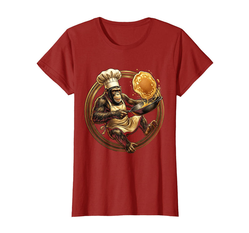 Mademark Funny Monkey Chef Flipping Pancakes Graphic Tee T-Shirt - Women - Cranberry Red