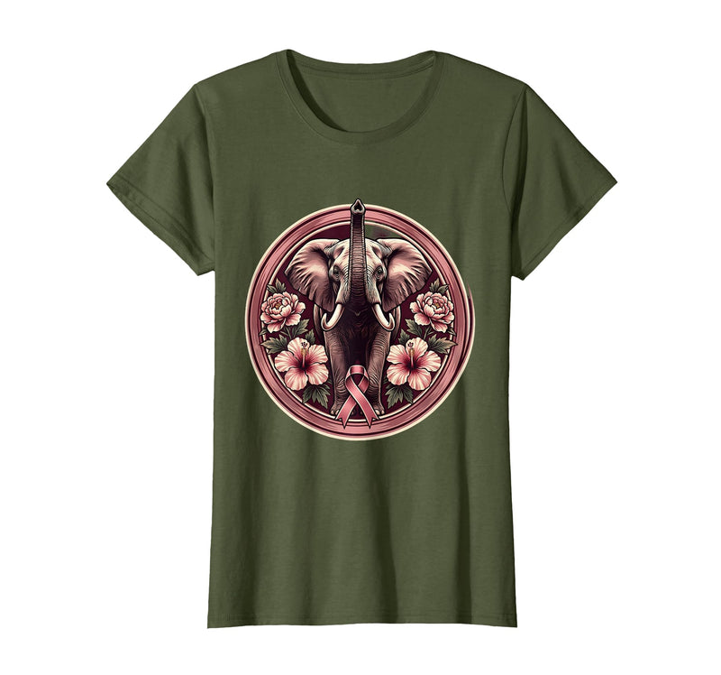 Mademark Elephant Pink Flowers Breast Cancer Awareness T-Shirt - Women - Olive Green