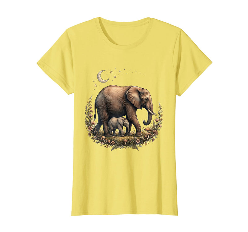 Mademark Elephant Mother and Calf Walking Together T-Shirt - Women - Lemon Yellow