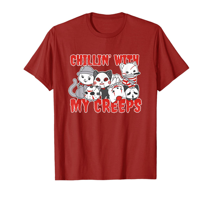 Chillin With My Creeps Apparel Chillin with My Creeps Cat Horror Killer Halloween Costume T-Shirt - Cranberry Red
