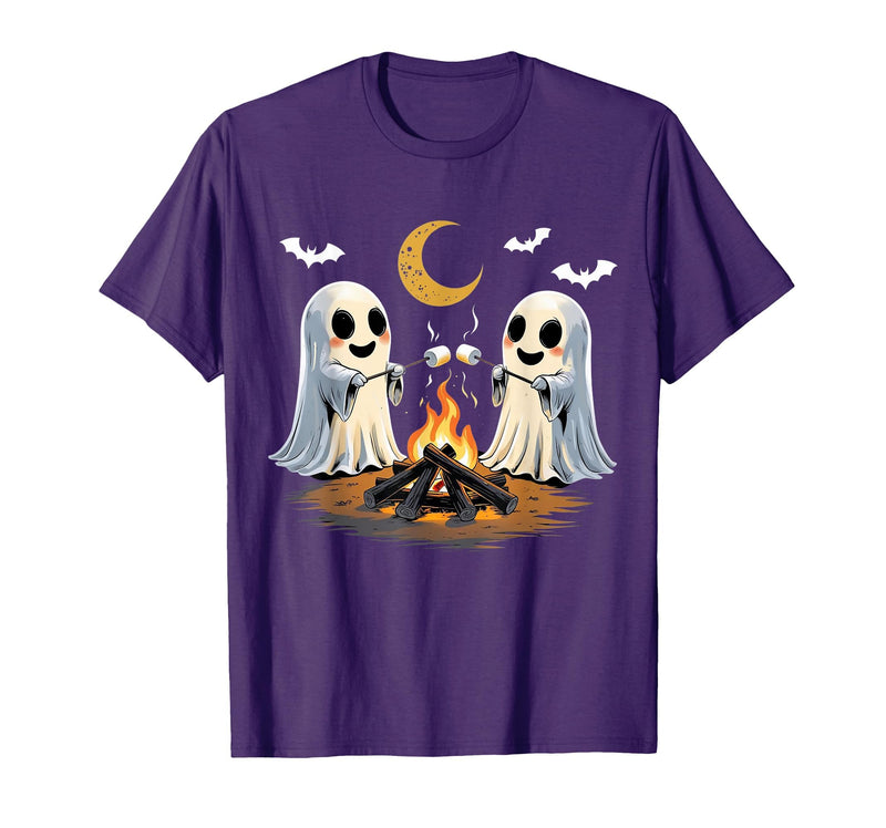 Halloween Tees and Spooky Ghosts Designs Ghosts Roasting Marshmallows Halloween Night Cute Novelty T-Shirt - Purple
