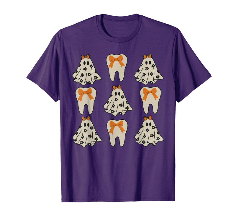 Dentist Dental Halloween Costume Tee Gifts Floral Ghost Teeth Dental Dentist Halloween Costume T-Shirt - Purple