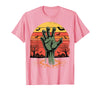 Creepy Undead Zombie Hand Retro Sunset Scary Zombie Hand Retro Sunset Halloween Horror Tee T-Shirt - Pink