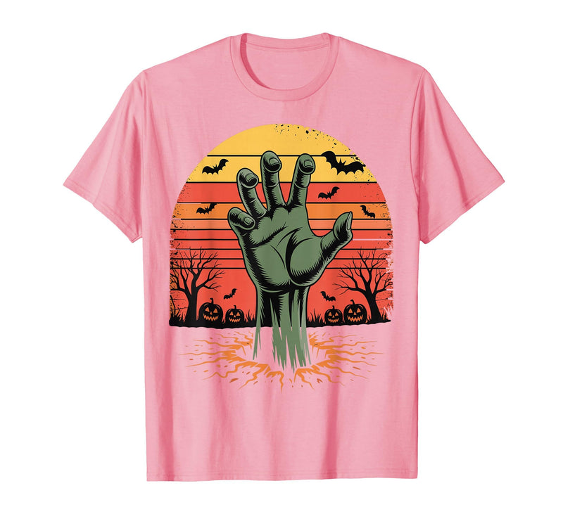 Creepy Undead Zombie Hand Retro Sunset Scary Zombie Hand Retro Sunset Halloween Horror Tee T-Shirt - Pink