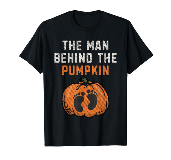 Halloween Pregnancy Announcement for Future Dad The Man Behind The Pumpkin Dad Halloween Pregnancy Reveal T-Shirt - Black