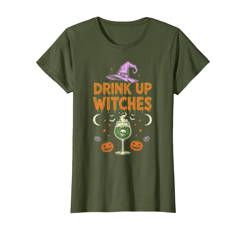 Funny Halloween Tees for Men Women Kids. Drink Up Witches Purple Hat Funny Halloween Men Women T-Shirt - Olive Green