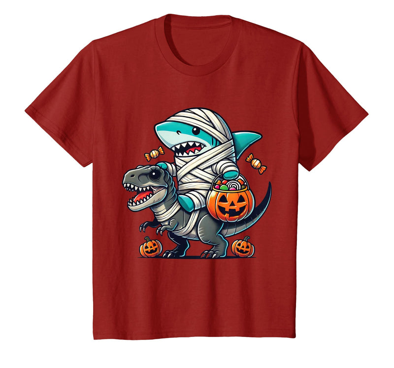 Funny Shark Dinosaur Halloween Kids Boys Tees Shark Riding Dinosaur T-rex Funny Halloween Pumpkin Boys Kid T-Shirt -
