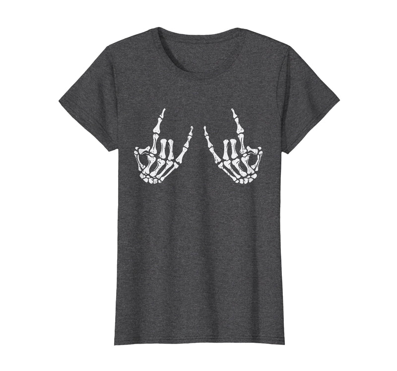 Halloween Tees for Women Men Kids Rocker Hand Sign Rock Skeleton Halloween Costume Men Women T-Shirt - Dark Heather Grey