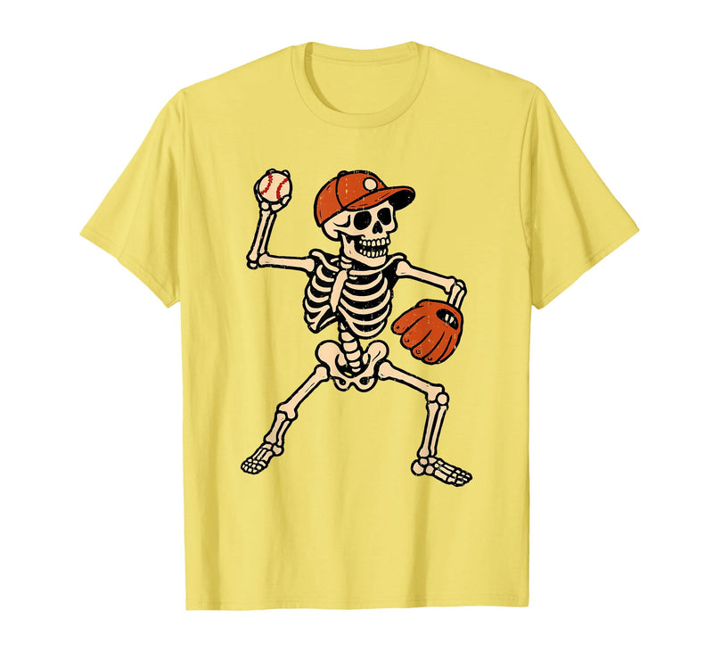 Funny Skeleton Baseball Tee Skeleton Baseball Halloween Costume Pitcher Sport Player T-Shirt - Lemon Yellow