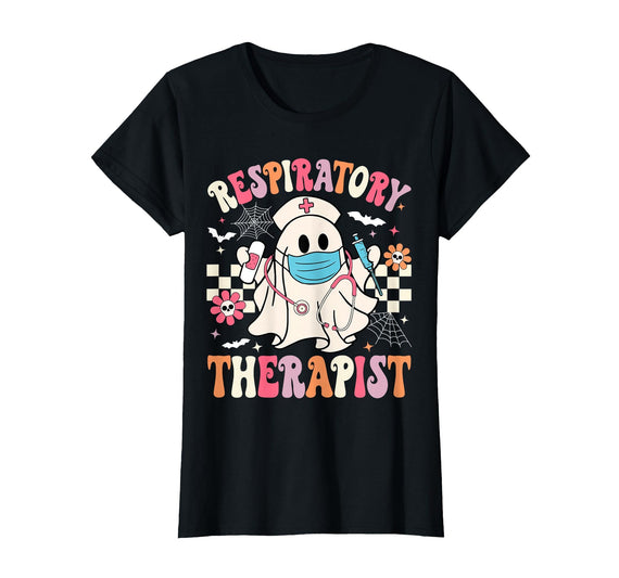 funny RT Halloween Respiratory Therapist Costume Groovy Spooky Respiratory Therapist Halloween RT Nurse T-Shirt - Black