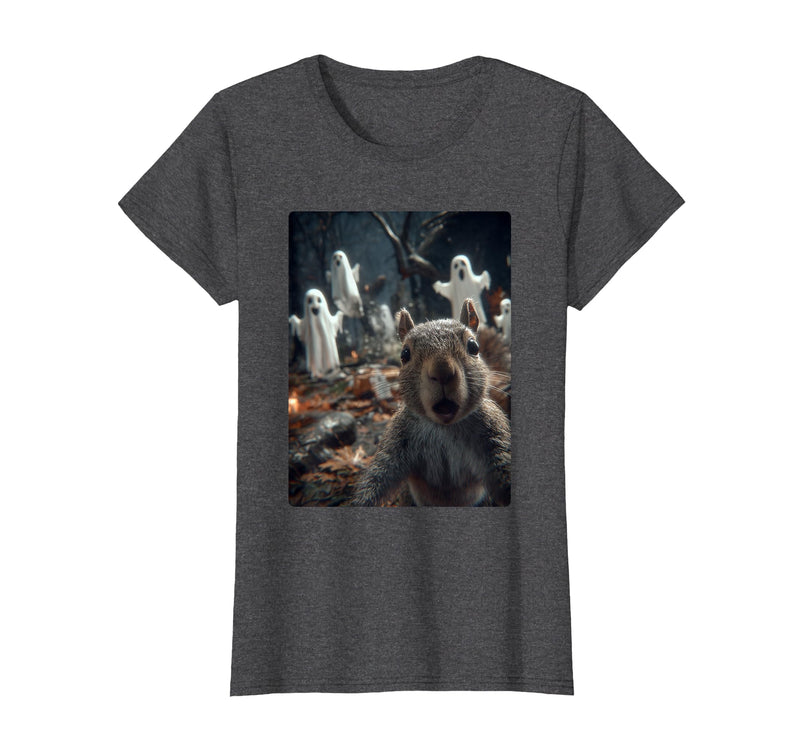 Funny Halloween Animals Selfies Clothing Funny Squirrel Selfie with Ghosts Haunted Forest Halloween T-Shirt - Dark Heather