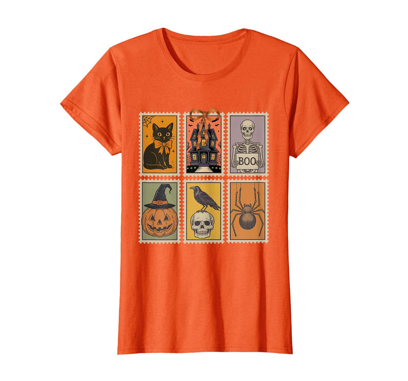 Halloween Stamp Cute Ghost Cute Fall Apparel Vintage Halloween Stamp Cute Ghost Pumpkin Cat Retro Fall T-Shirt - Orange