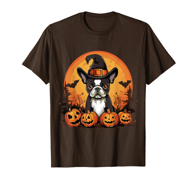 Boston Terrier Bostie Dog Halloween Designs Boston Terrier Bostie Dog Breed Pet Halloween Pumpkins T-Shirt - Brown