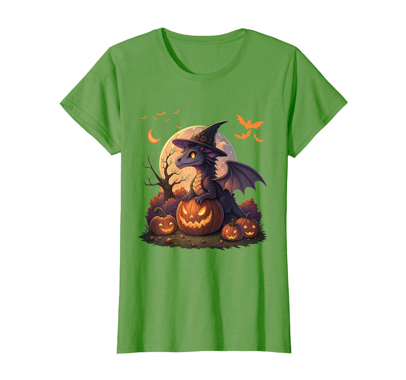 Halloween Dragons Fantasy Spooky Witchy Cute Halloween Dragon Witch Hat Pumpkin Moon Fantasy T-Shirt - Grass Green