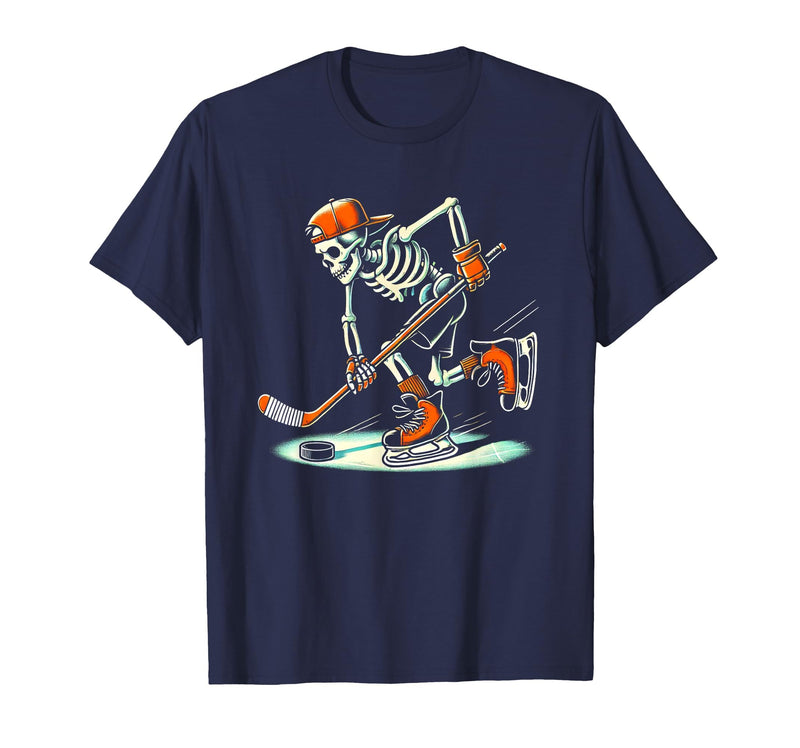 Halloween Costume For Hockey Lovers Funny Skeleton Hockey Halloween for Ice Hockey Lovers T-Shirt - Navy Blue