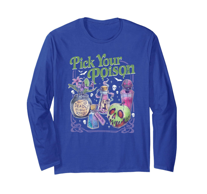 Spooky Season Funny Halloween Tee Pick Your Poison, Vintage Princess Halloween Long Sleeve T-Shirt - Royal Blue