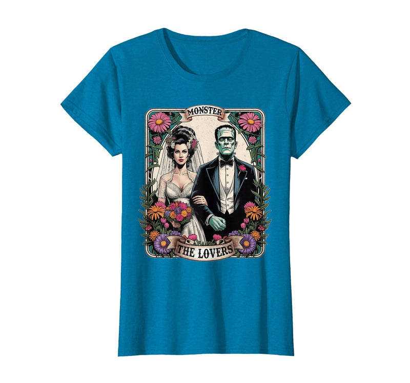 The Lovers Tarot Card Spooky Halloween Women Men The Monster Frankenstein and Bride The Lovers Tarot Card T-Shirt - Sapphire