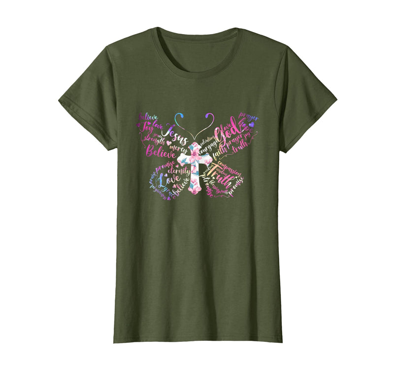 Butterfly Prayer Graphic Jesus Christian Cross Butterfly Prayer Jesus Christian Cross Floral Pattern T-Shirt - Olive Green