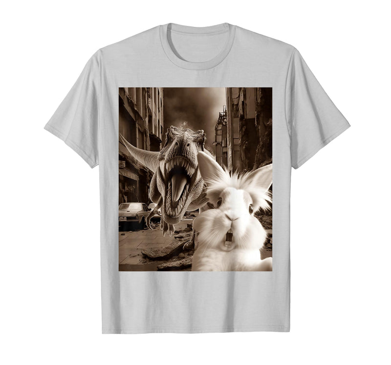 Funny Bunny Rabbit Selfie with T-Rex Tyrannosaurus Dinosaur T-Shirt in Silver Grey