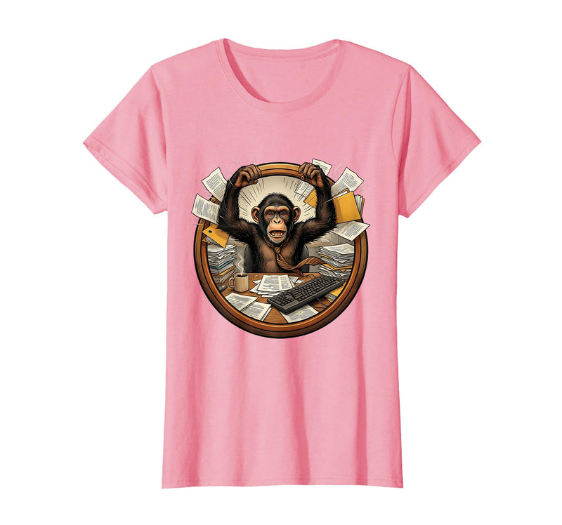 Mademark Monkey Office Chaos Funny Adult Humor Graphic T-Shirt - Women - Pink