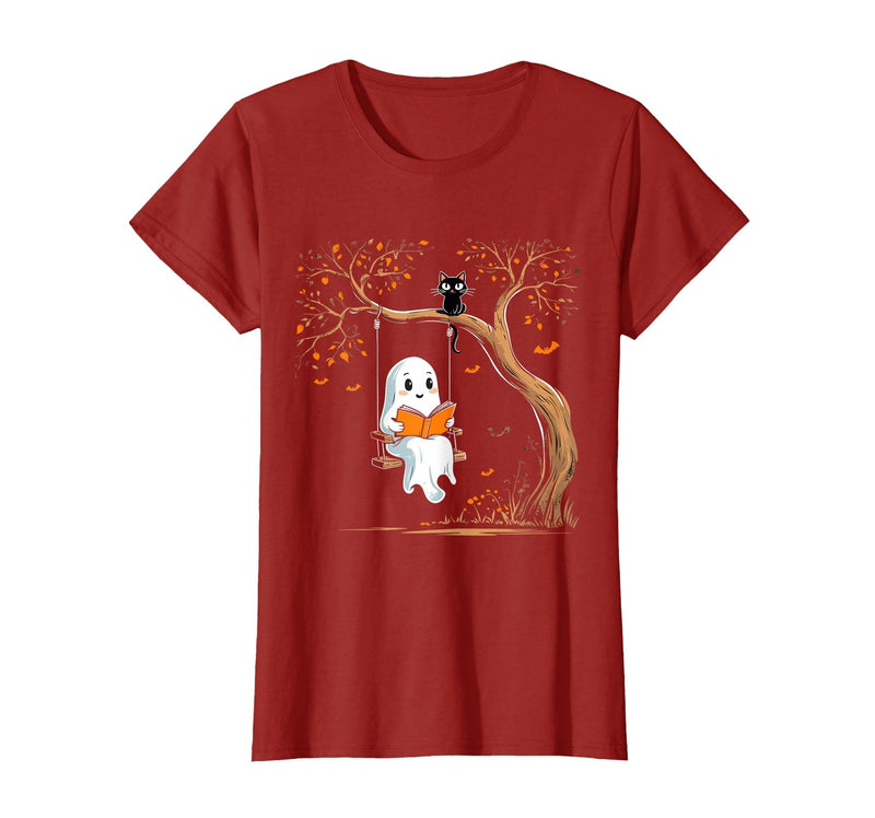 Halloween Ghost Swing Reading Vintage Ghost Swing Reading Book Swinging Halloween Costume T-Shirt - Cranberry Red