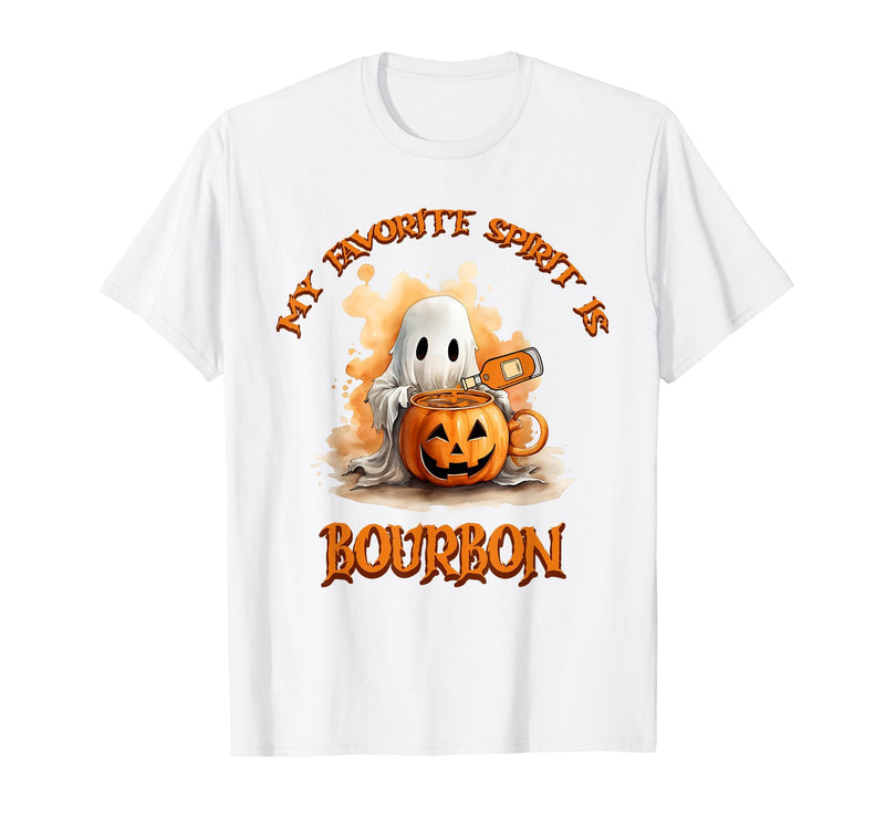 Boo Watercolor Pumpkin Cup Light Witch Hat Bottle Bourbon My Favorite Spirit is Bourbon Happy Halloween Boo T-Shirt - White