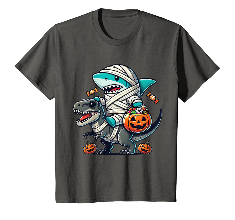 Funny Shark Dinosaur Halloween Kids Boys Tees Shark Riding Dinosaur T-rex Funny Halloween Pumpkin Boys Kid T-Shirt - Asphalt