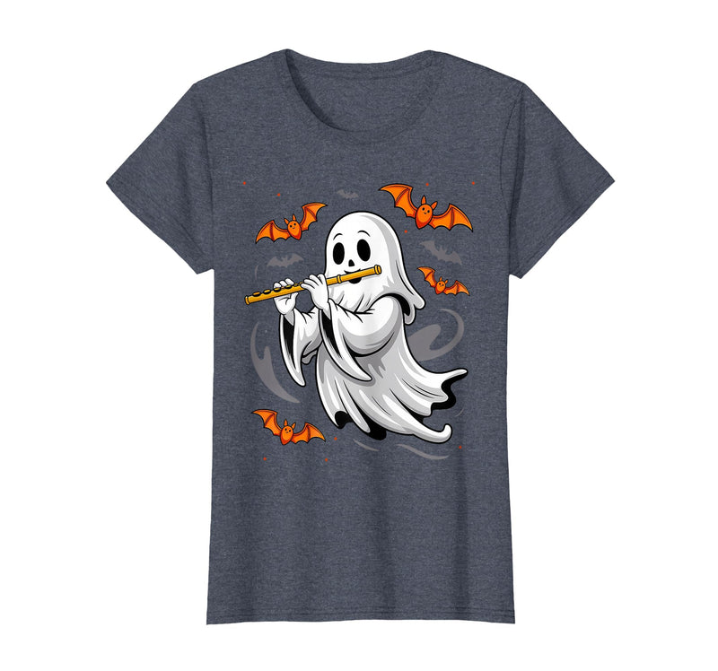 Ghost Halloween Lover Gift Co. Boo Ghost Playing Flute Halloween Musical Instrument T-Shirt - Heather Blue