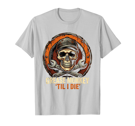 Mademark Grease Monkey 'Til I Die Mechanic Skull Design T-Shirt - Men - Silver Grey