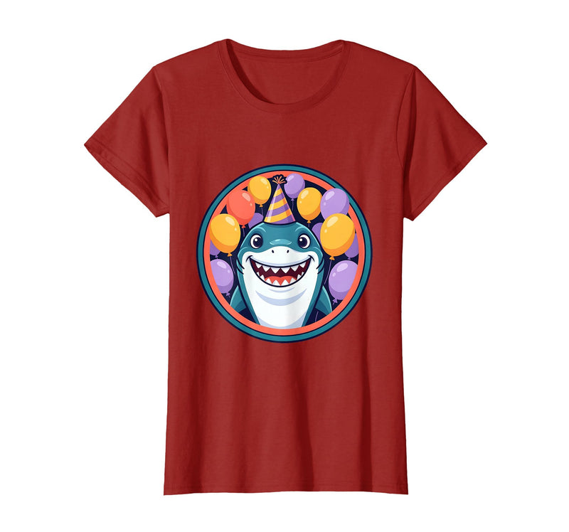 Mademark Birthday Boy Shark Party Hat Balloons Graphic T-Shirt - Cranberry Red