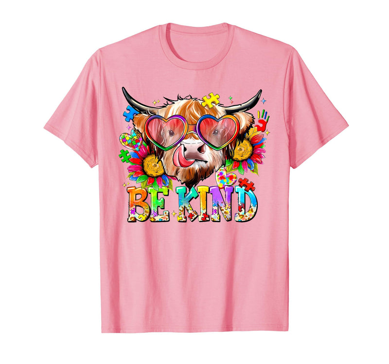 Be Kind Highland Cow Autism Awareness Sped Teacher Be Kind Highland Cow Autism Awareness Inspirational Teacher T-Shirt - Pink