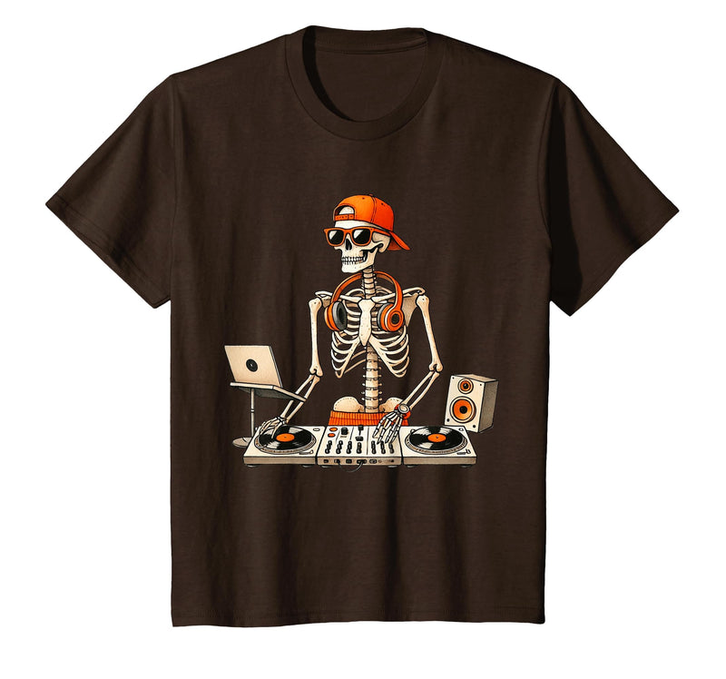Funny Skeleton DJ Halloween Men Outfit Skeleton DJ Halloween Costume Turntable Music Funny Men Boys T-Shirt - Brown