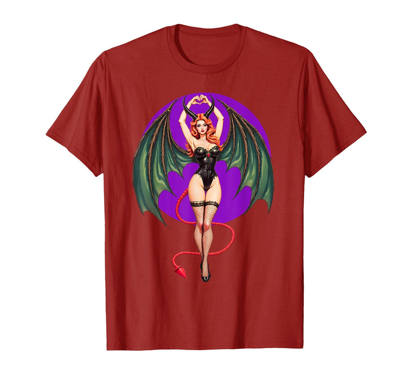 Classic Vintage Pin-Up Sexy Girl by YUX Sexy Succubus Monster Halloween Hand Heart Pin-Up Girl Devil T-Shirt - Cranberry Red