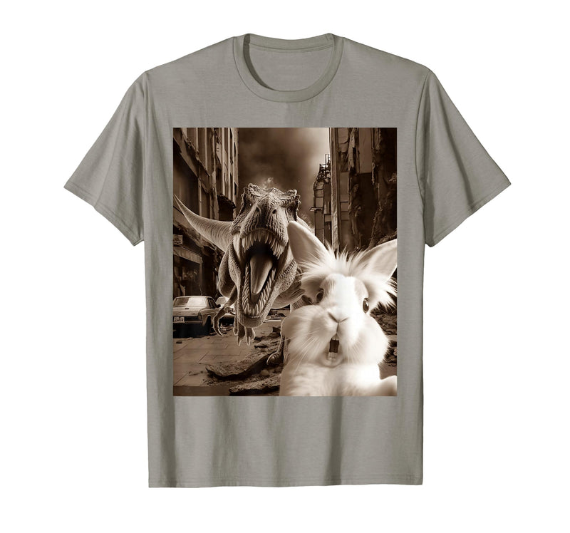 Funny Bunny Rabbit Selfie with T-Rex Tyrannosaurus Dinosaur T-Shirt in Slate Grey