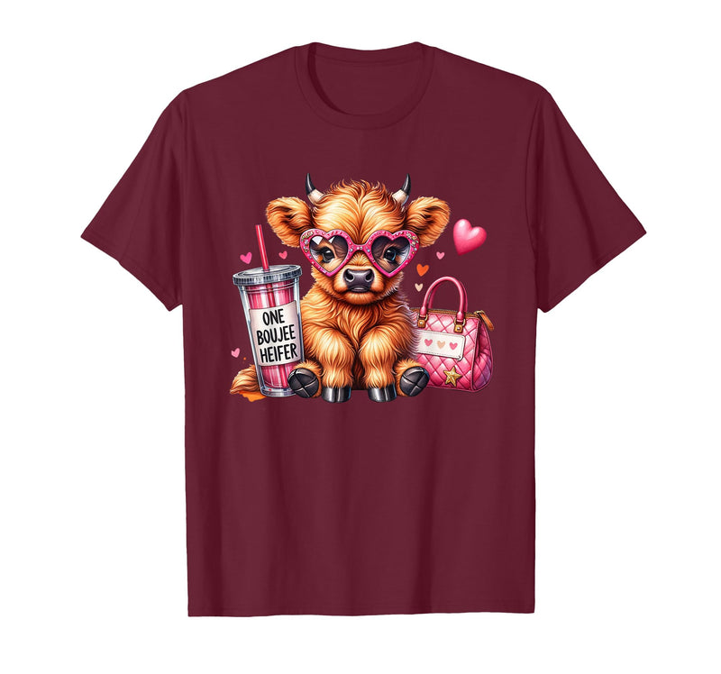 Highland Cow Land of NYC One Boujee Heifer Highland Cow Bougie Pink Tumbler Handbag T-Shirt - Burgundy