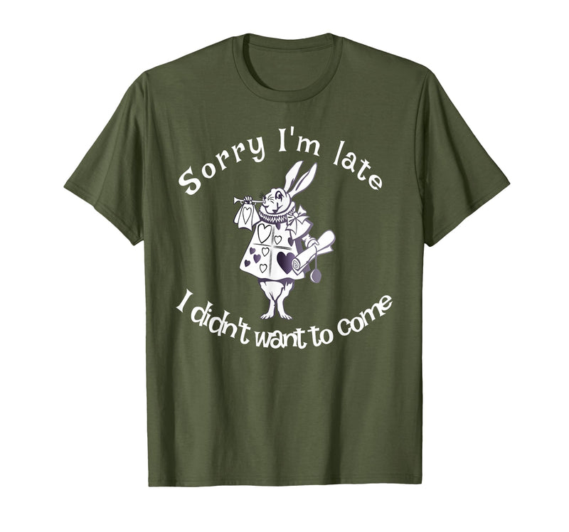Sorry I'm Late, I Didn't Want to Come White Rabbit Watch T-Shirt in Olive Green