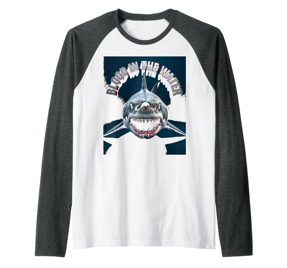 Mademark Blood in the Water Shark Women Design Raglan Baseball Tee - Dark Heather Grey/White