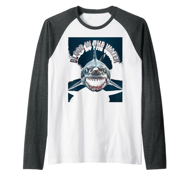 Mademark Blood in the Water Shark Women Design Raglan Baseball Tee - Dark Heather Grey/White