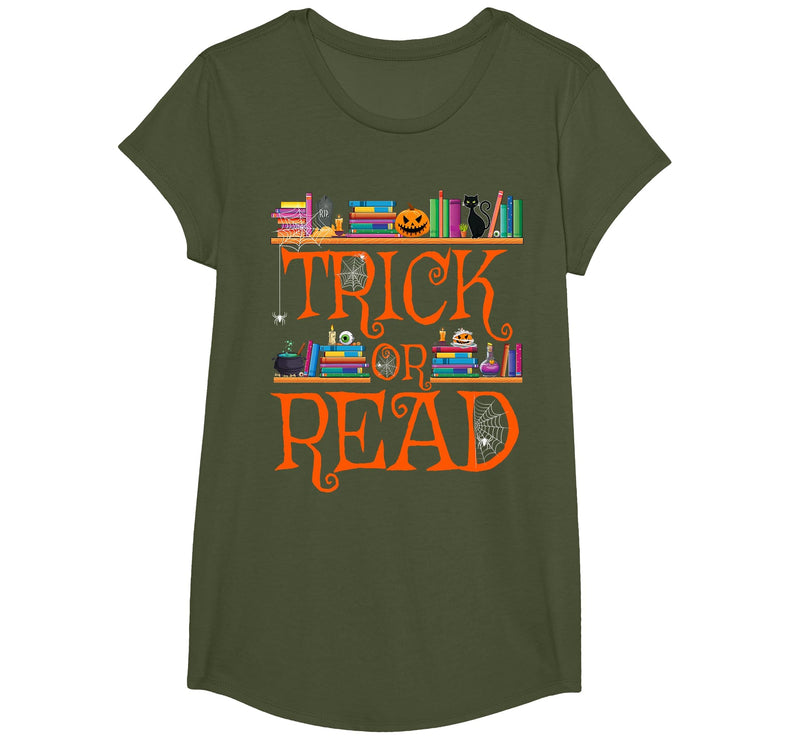 Trick or Read Funny Halloween Teacher Book Library Reading T-Shirt - Olive Green