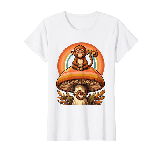 Mademark Monkey Perched on Giant Mushroom Illustration T-Shirt - Women - White