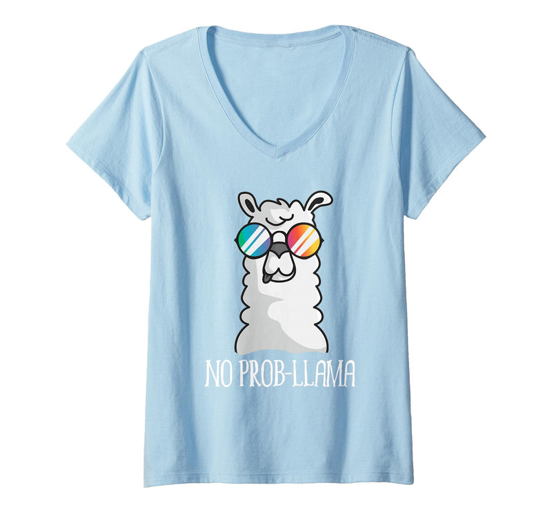 Llama Life Apparel Women's No Prob-Llama No Problem Cute Funny Cool Llama Alpaca V-Neck T-Shirt - Baby Blue