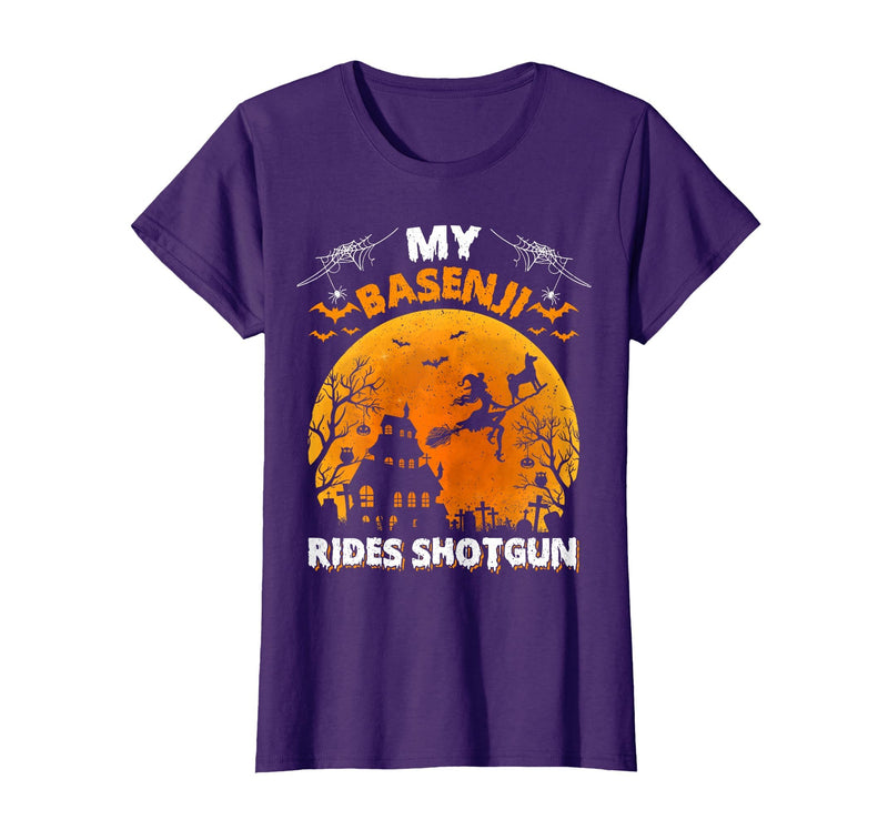 Basenji Dog Witch Halloween Gifts My Basenji Rides Shotgun Basenji Dog Halloween T-Shirt - Purple
