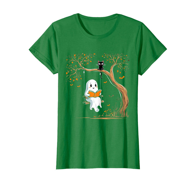 Halloween Ghost Swing Reading Vintage Ghost Swing Reading Book Swinging Halloween Costume T-Shirt - Kelly Green