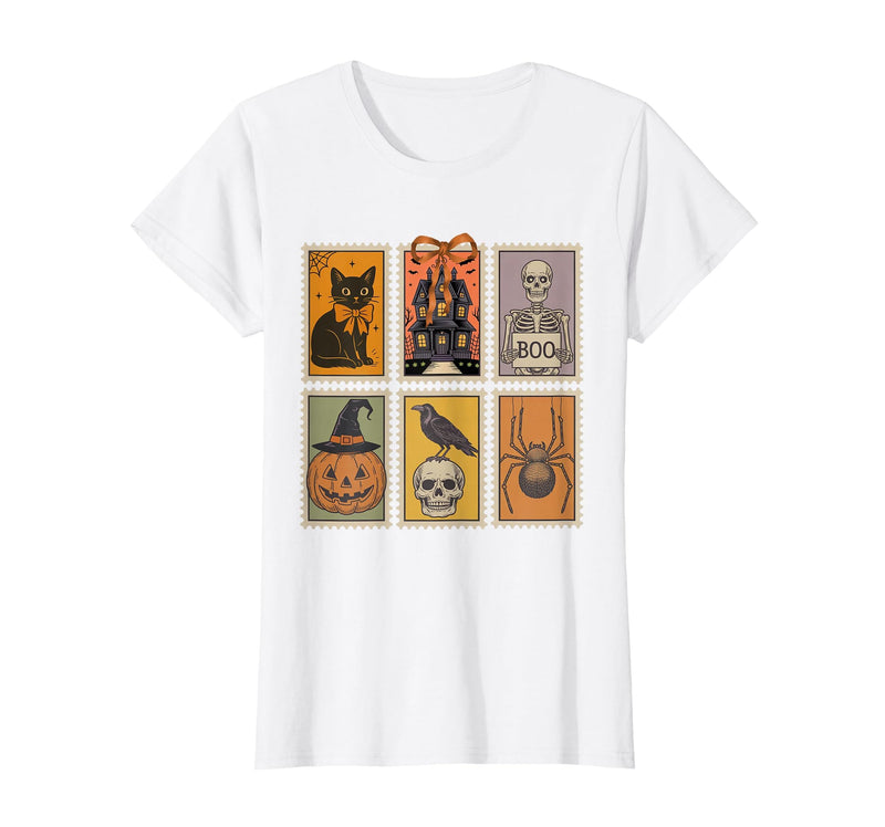 Halloween Stamp Cute Ghost Cute Fall Apparel Vintage Halloween Stamp Cute Ghost Pumpkin Cat Retro Fall T-Shirt - White