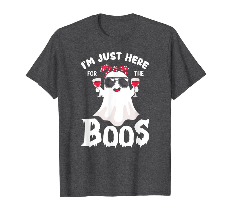 Addictive Designs Halloween Merch Funny Halloween, Just Here for the Boos, Ghost Drinking Wine T-Shirt - Dark Heather Grey